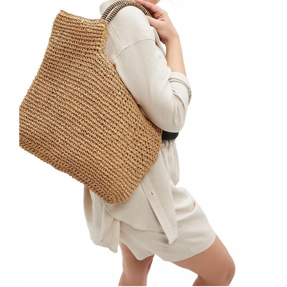 Ellos Zip Top Straw Bag w/Adjustable Straps, Natural Woven Tan Tote Bag - Picture 2 of 7